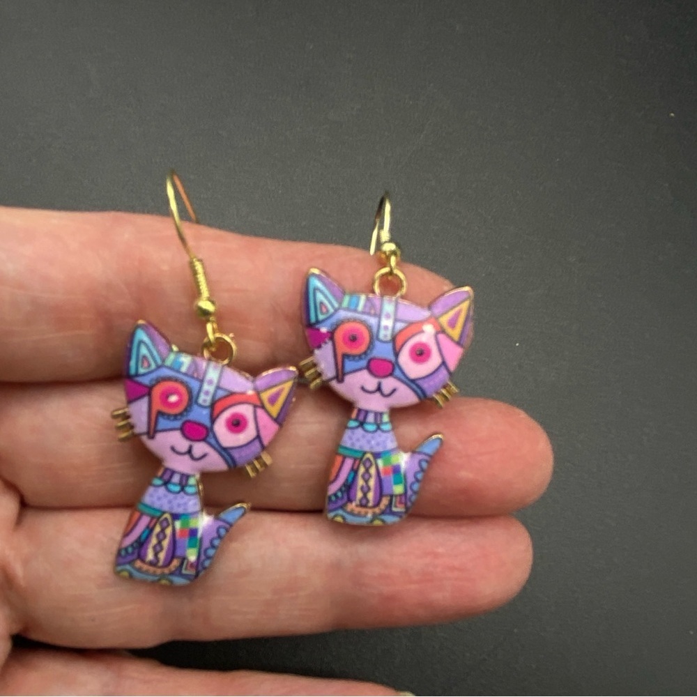 Cat Lady Earrings Whimsical Boho Patchwork Colorful Pierced Dangle Gold Tone New